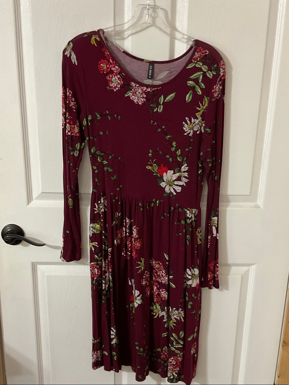 Long-Sleeve Burgundy Floral Fit & Flare Dress